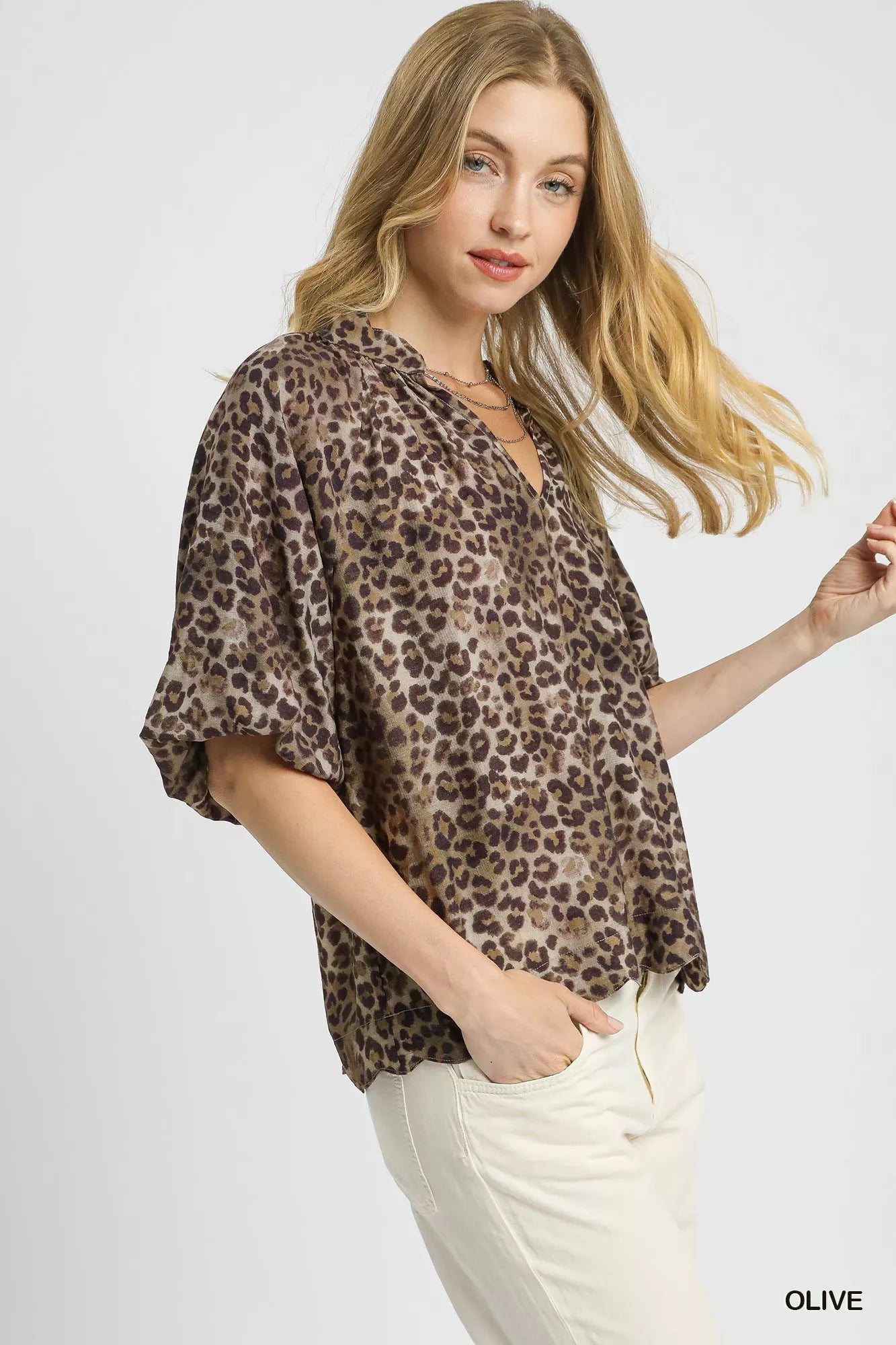 Umgee Leopard Bubble Sleeve Scalloped Hem Blouse OutfitFlow