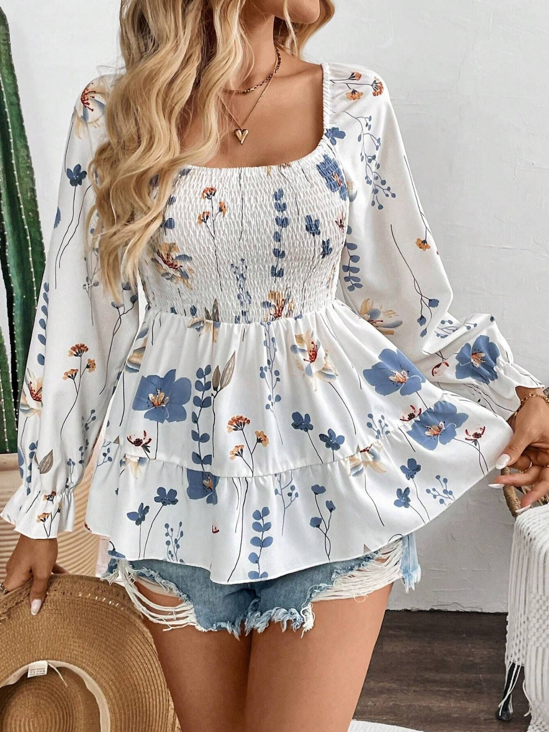 Outfit Flow - Smocked Floral Scoop Neck Flounce Sleeve Blouse