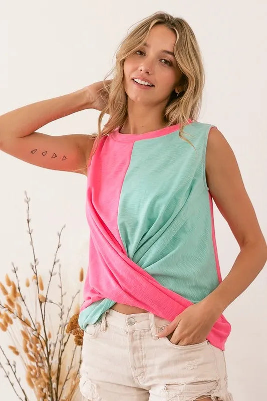 BiBi Slub Terry Color Block Twisted Top OutfitFlow