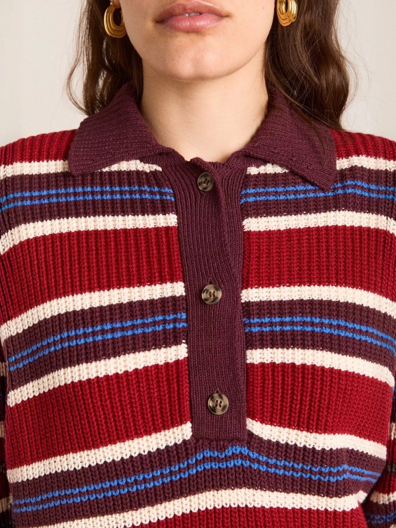 Striped Button Detail Polo Collar Sweater OutfitFlow