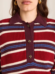 Striped Button Detail Polo Collar Sweater OutfitFlow