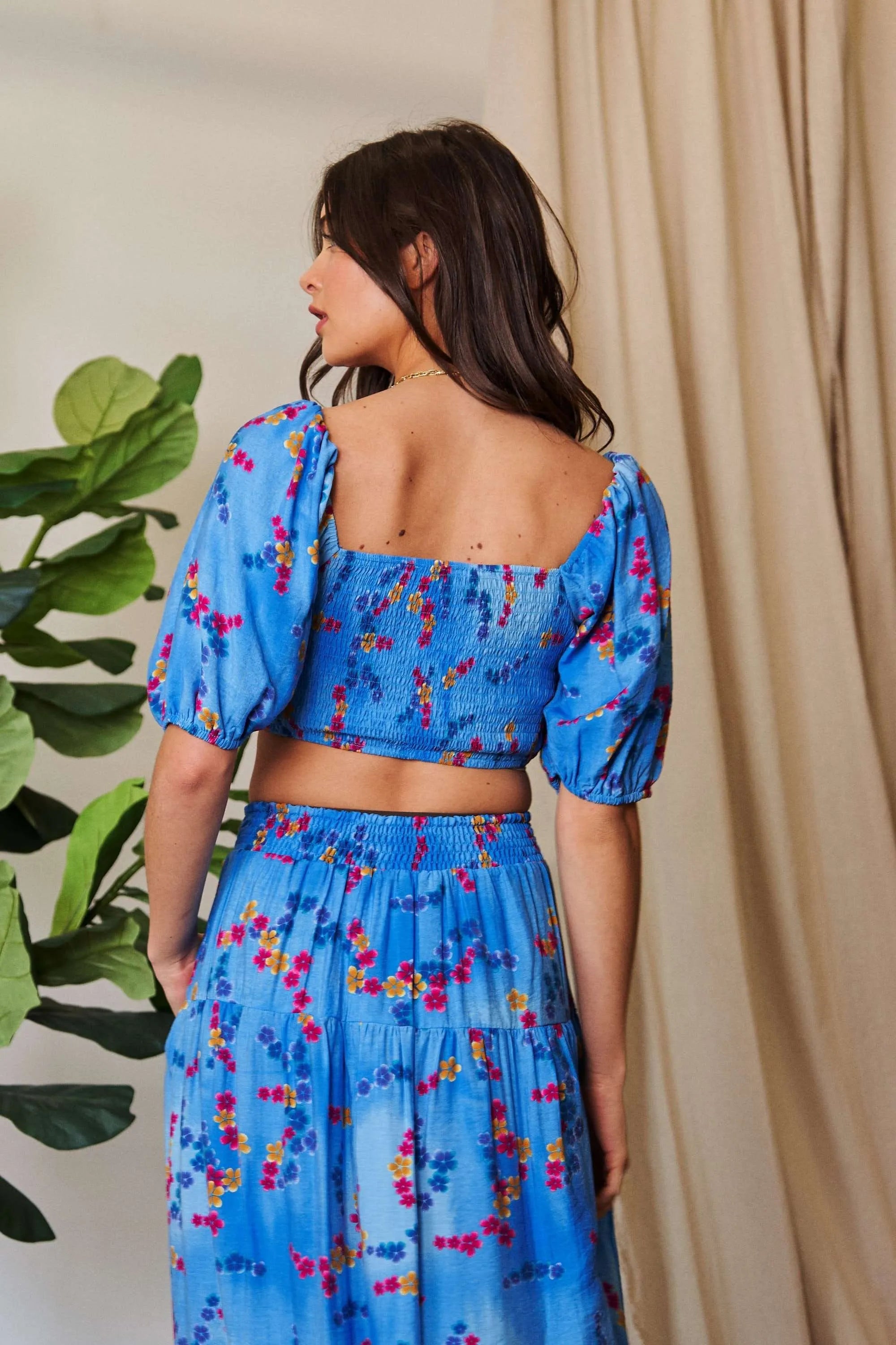 Davi & Dani Smocing Bodice Puff Short Sleeve Printed Crop Top OutfitFlow
