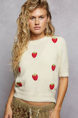 POL Round Neck Strawberry Patch Sweater with Shirring Shoulder OutfitFlow