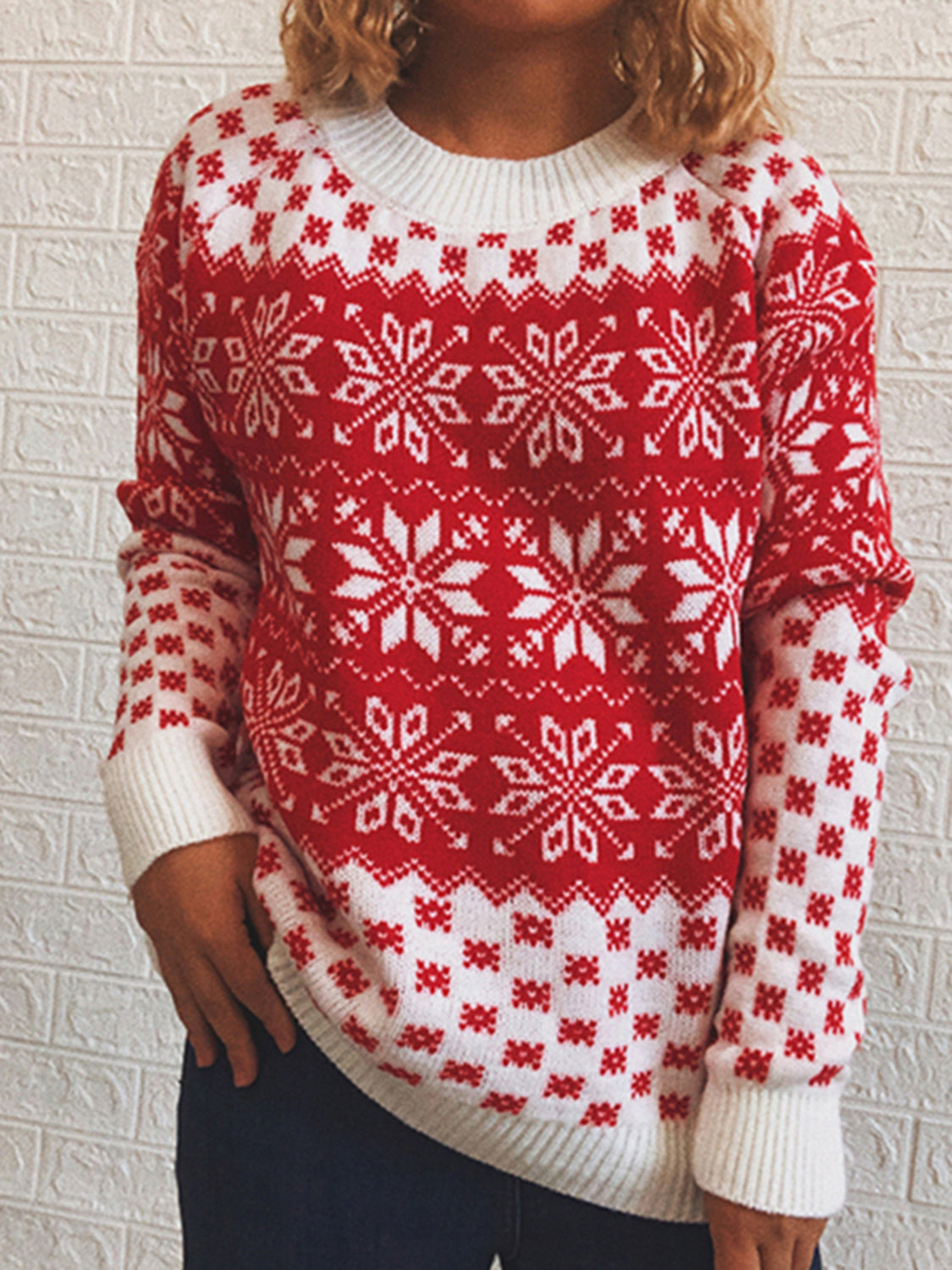 Snowflake Pattern Long Sleeve Sweater OutfitFlow