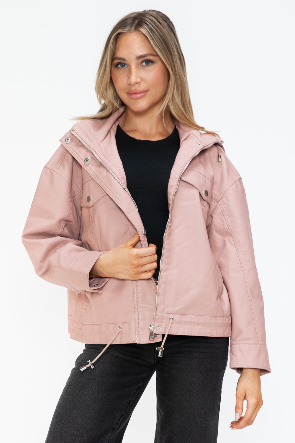 Outfit Flow - How Dare U Drawstring Hem PU Leather Zip Up Jacket