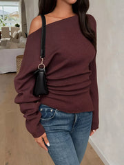 Off-Shoulder Ruched Long Sleeve Sweaer OutfitFlow