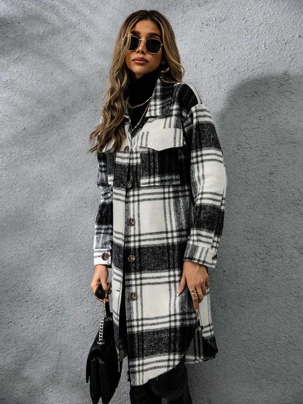 Plaid Collared Neck Long Sleeve Coat OutfitFlow