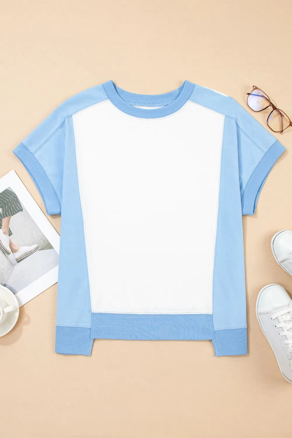 Color Block Exposed Seam Crew Neck T Shirt OutfitFlow