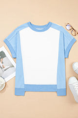 Color Block Exposed Seam Crew Neck T Shirt OutfitFlow