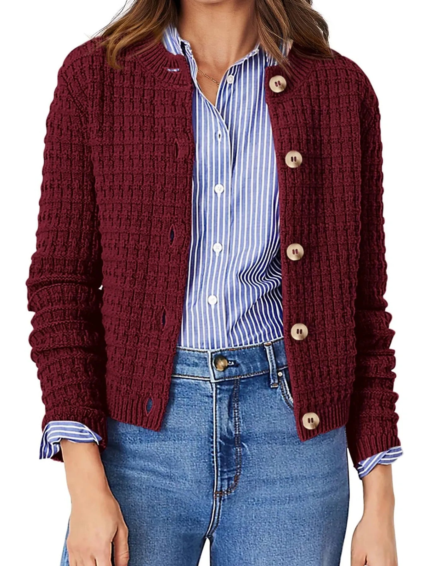 Textured Knit Button-Front Cardigan Burgundy OutfitFlow