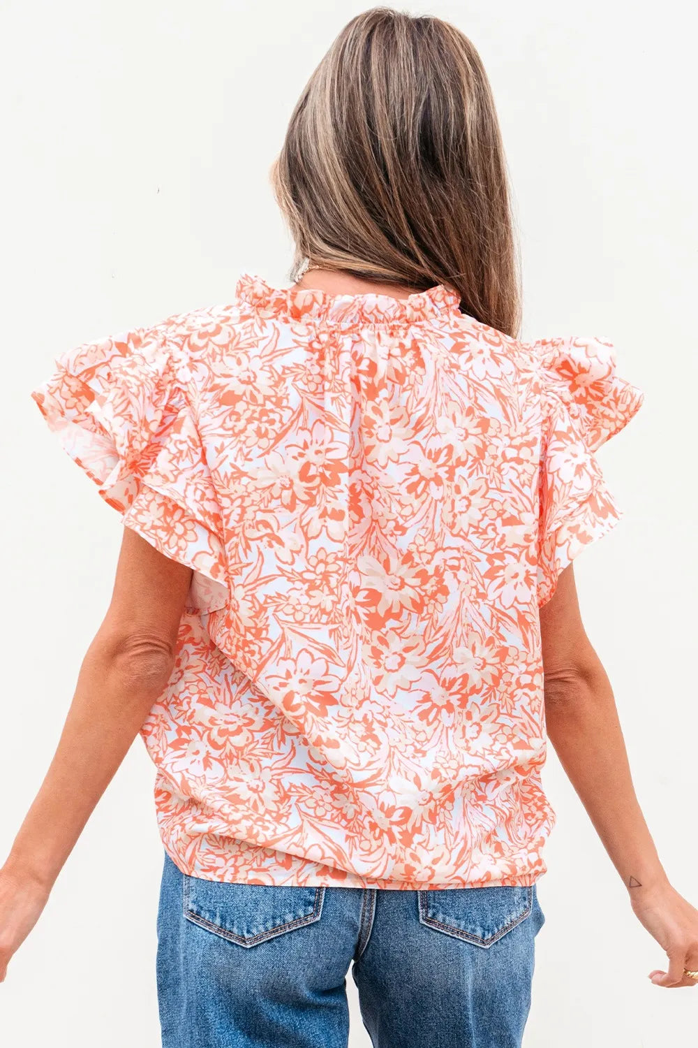 Floral Ruffle Sleeve Split Neck Blouse OutfitFlow