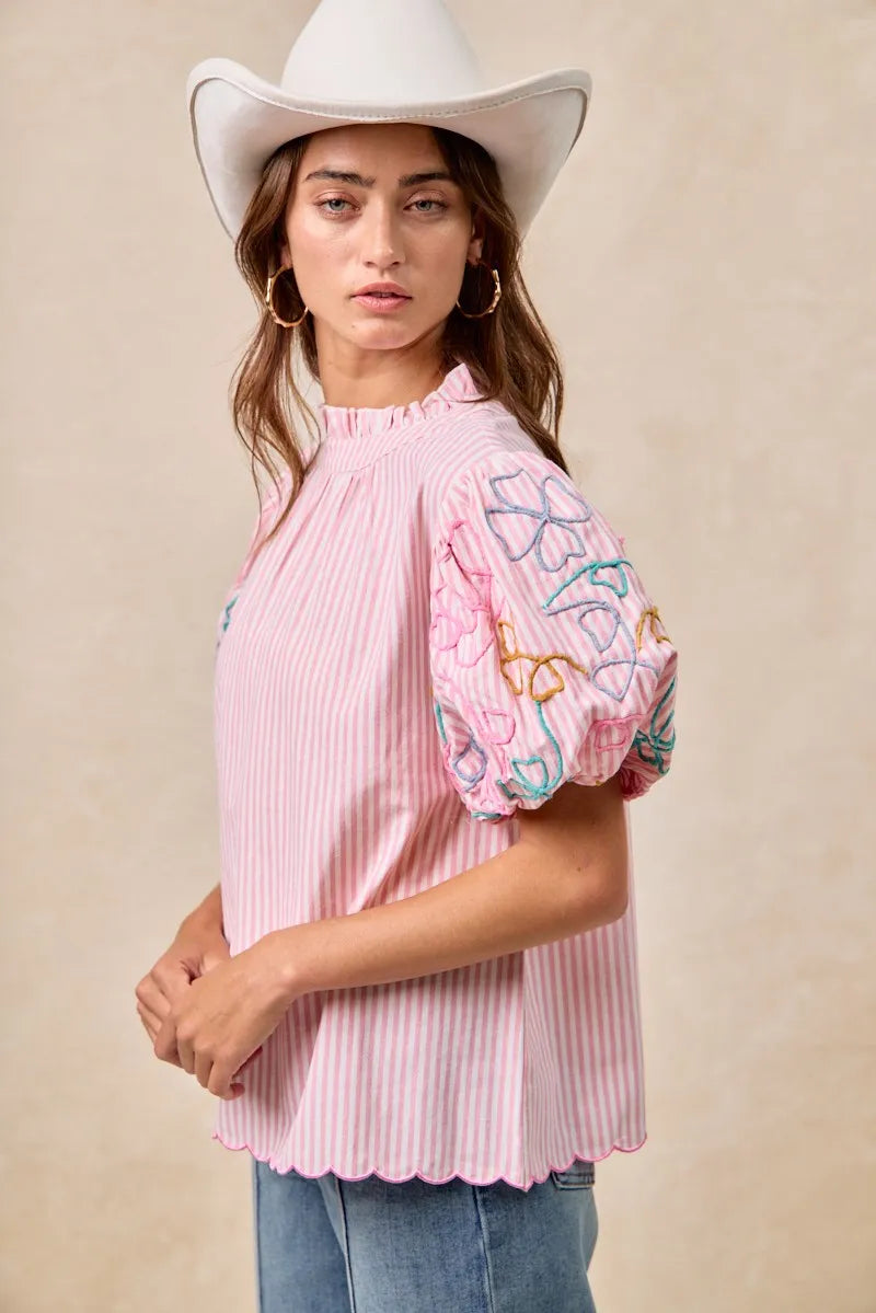 BiBi Embroidery Bubble Sleeve Top With Bottom Scallop Detail OutfitFlow