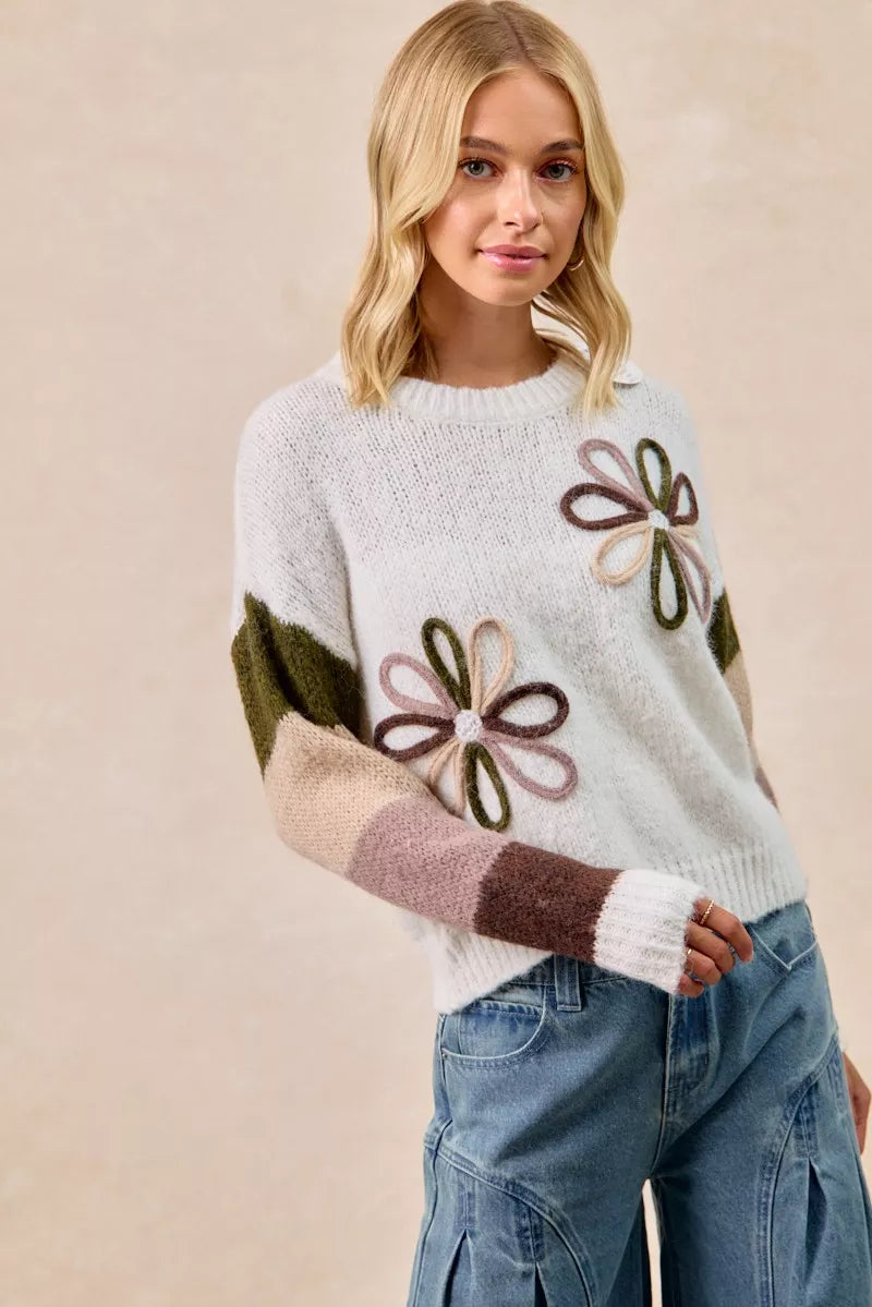 BiBi Flower Color Block Sweater OutfitFlow