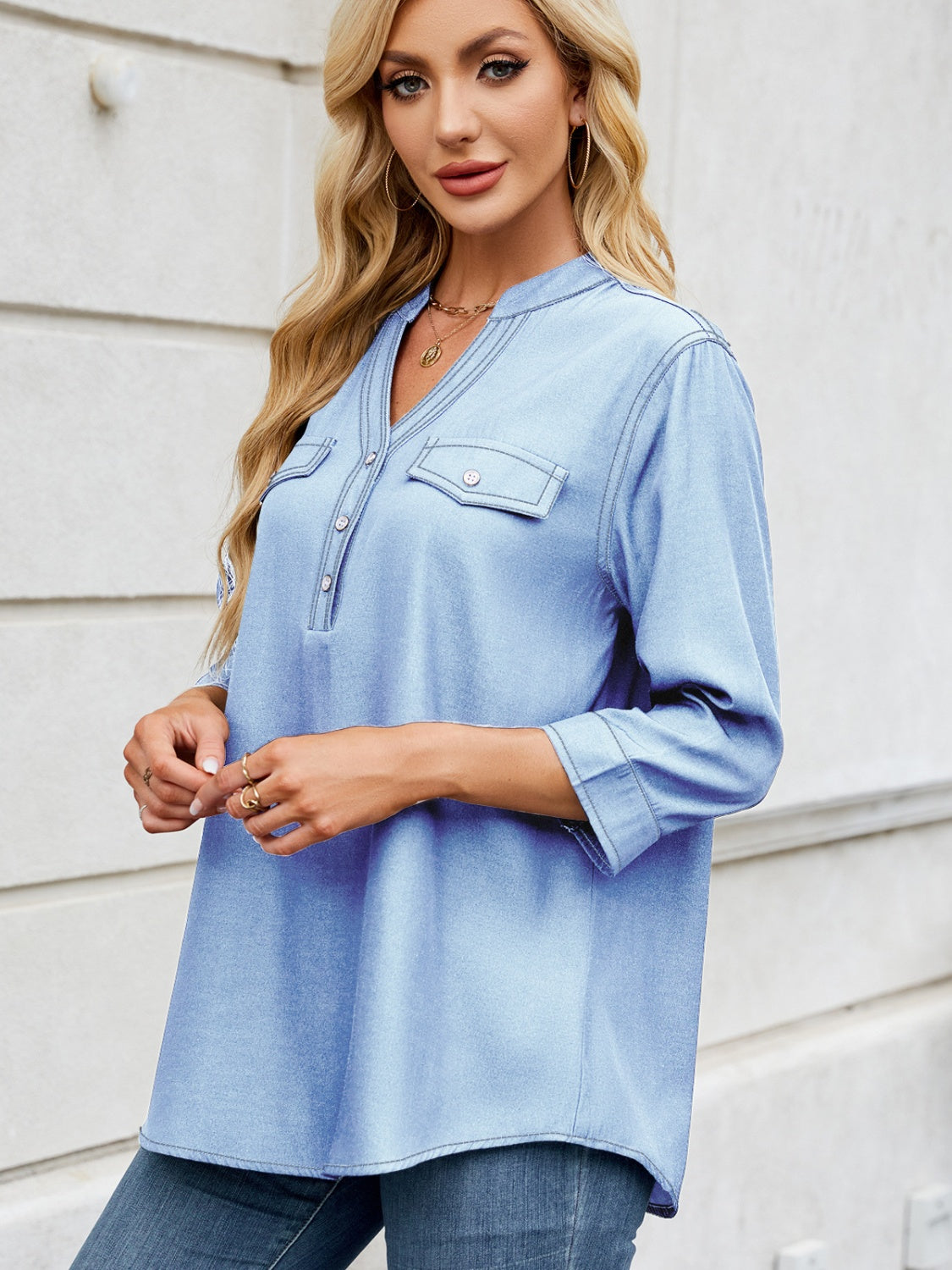 Notched Three-Quarter Sleeve Denim Top