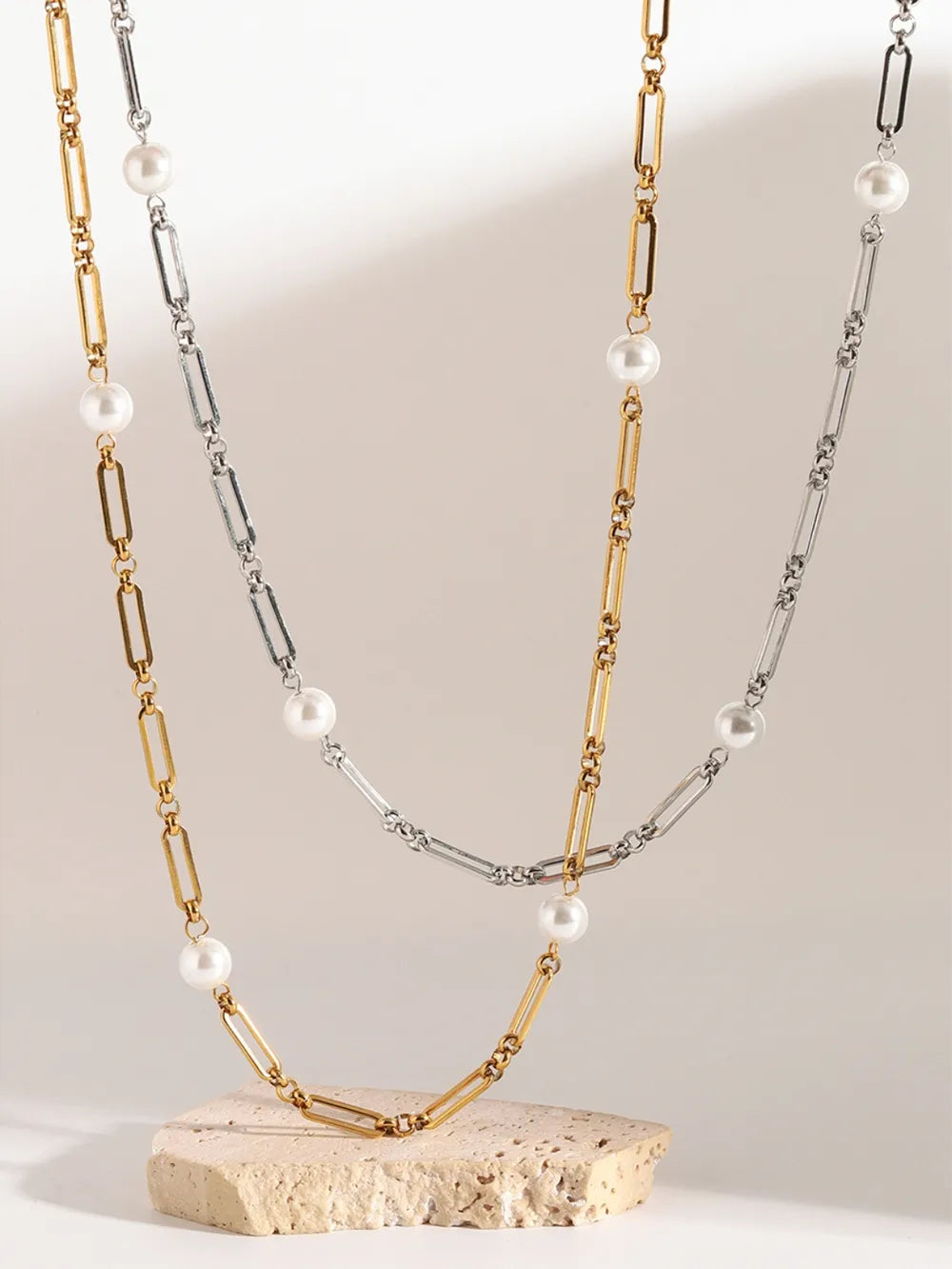 Stainless Steel Pearl Chain Necklace OutfitFlow