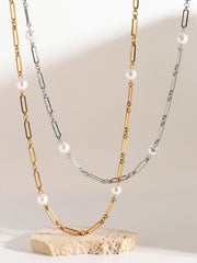 Stainless Steel Pearl Chain Necklace OutfitFlow
