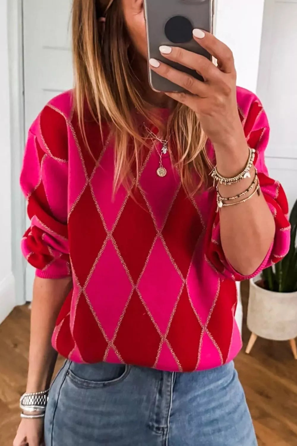 Argyle Pattern Long Sleeve Sweater OutfitFlow