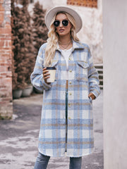 Mandy Plaid Dropped Shoulder Slit Coat Misty Blue Trendsi