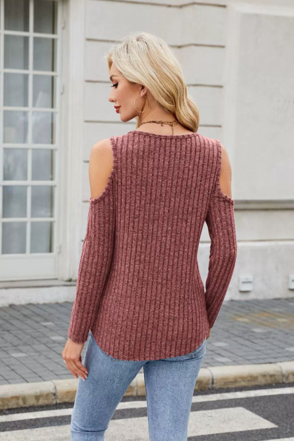 Ribbed Cold Shoulder Long Sleeve Top