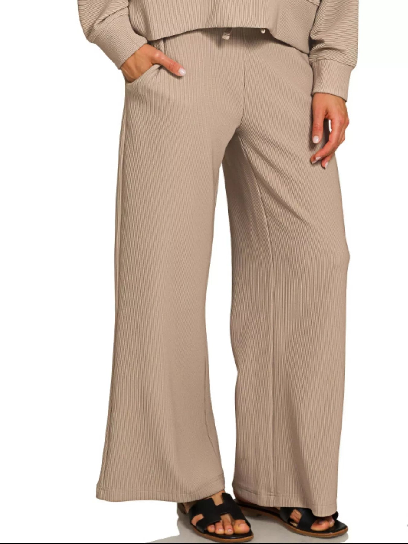 Zenana Ribbed Round Neck Pullover and Drawstring Pants Set OutfitFlow