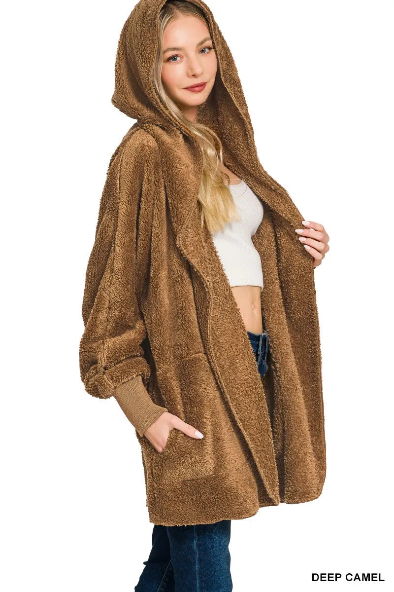 Zenana Hooded Faux Fur Jacket with Pockets Trendsi
