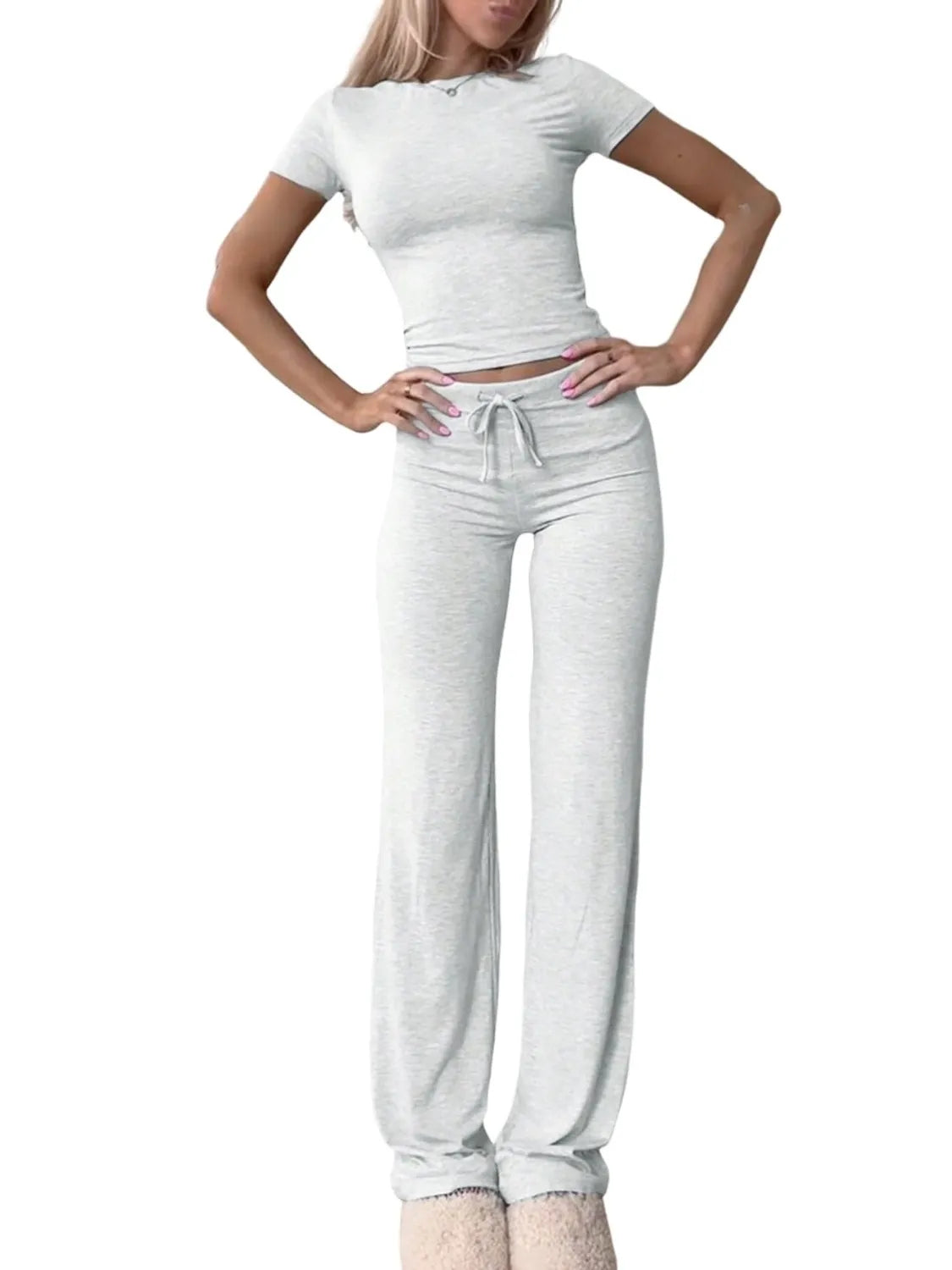 Round Neck Short Sleeve Top and Pants Set OutfitFlow