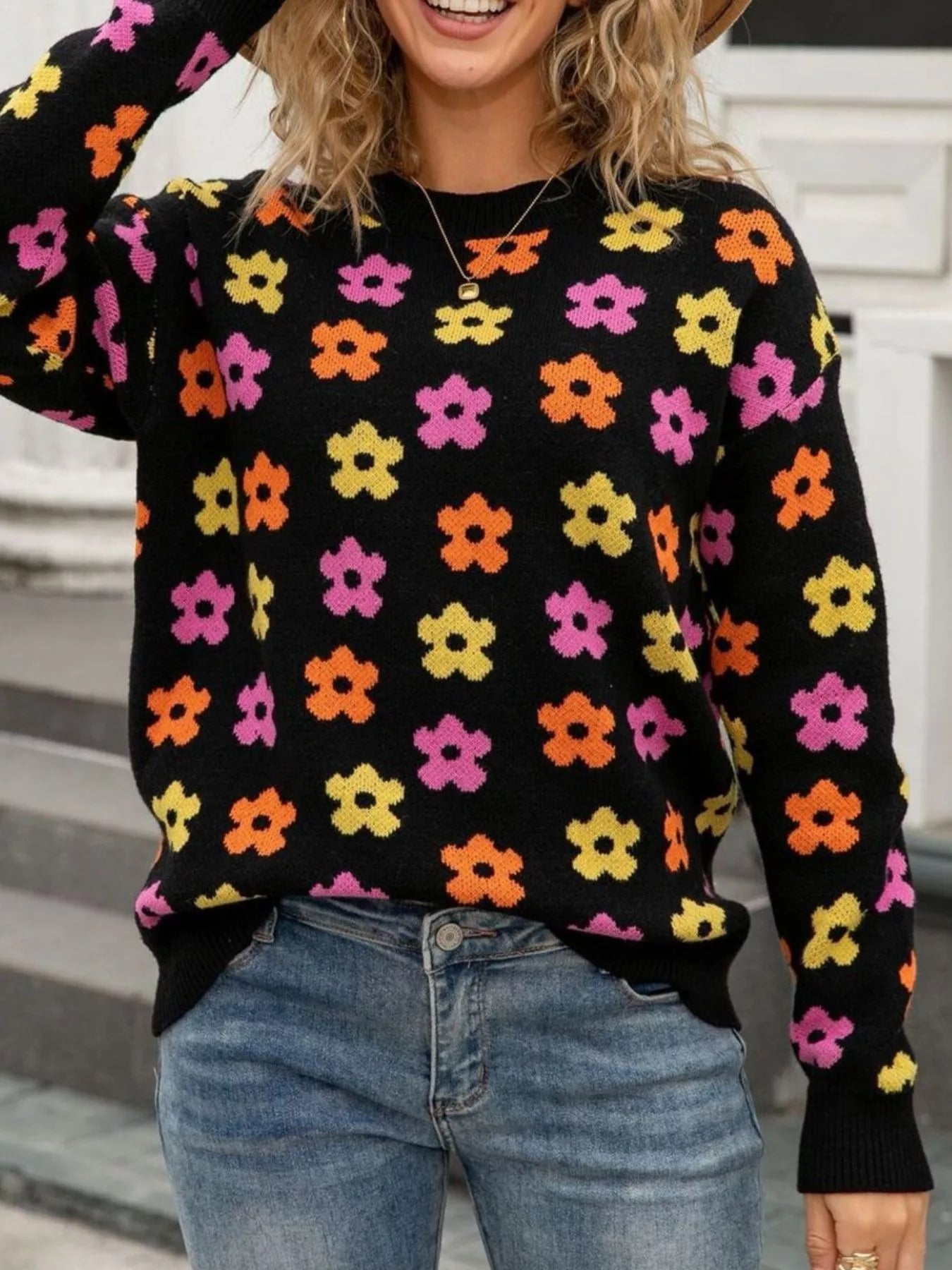 Floral Crew Neck Sweater Black Trendsi