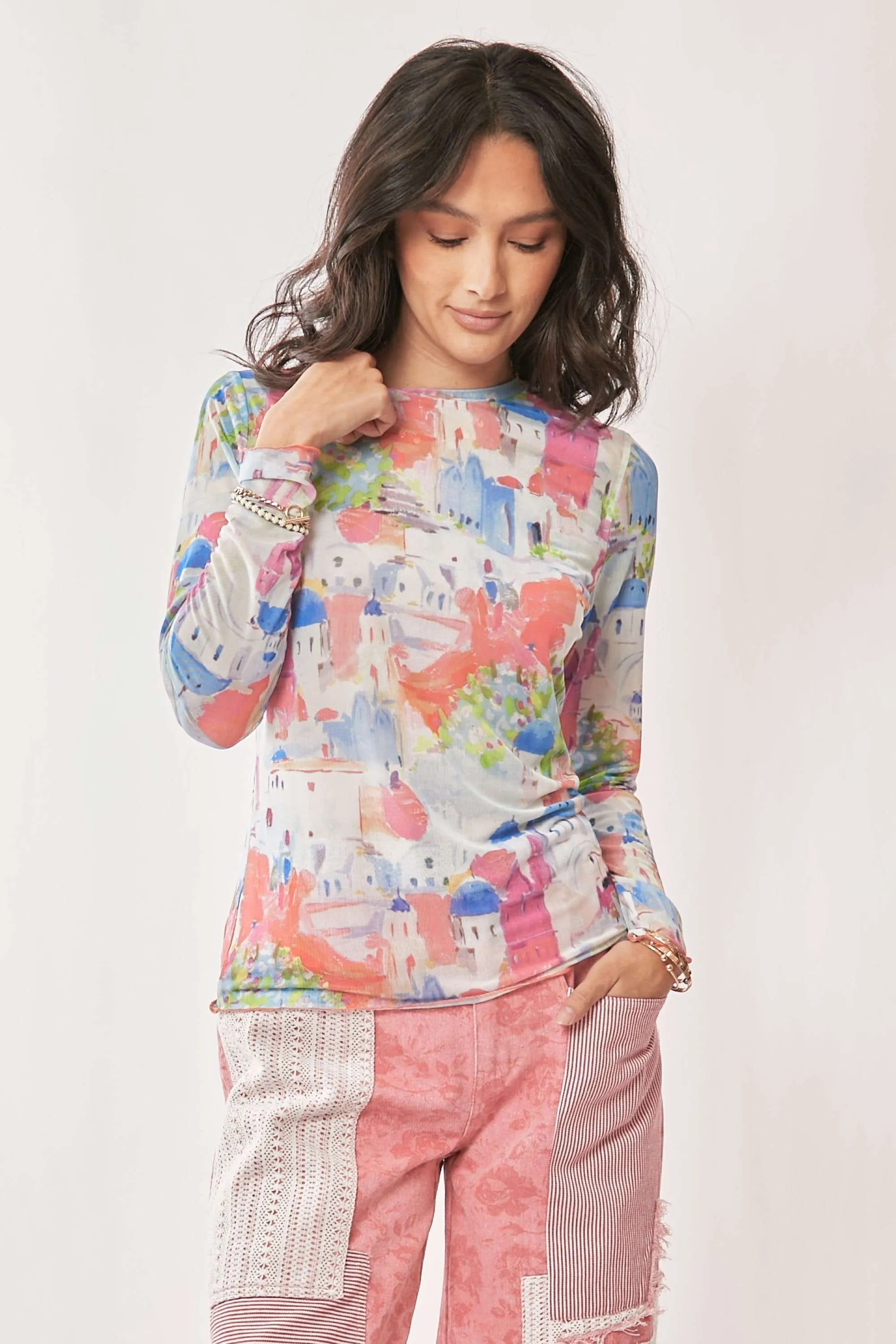 Davi & Dani Multi Printed Mesh Round Neck Long Sleeve Top OutfitFlow