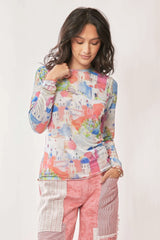Davi & Dani Multi Printed Mesh Round Neck Long Sleeve Top OutfitFlow