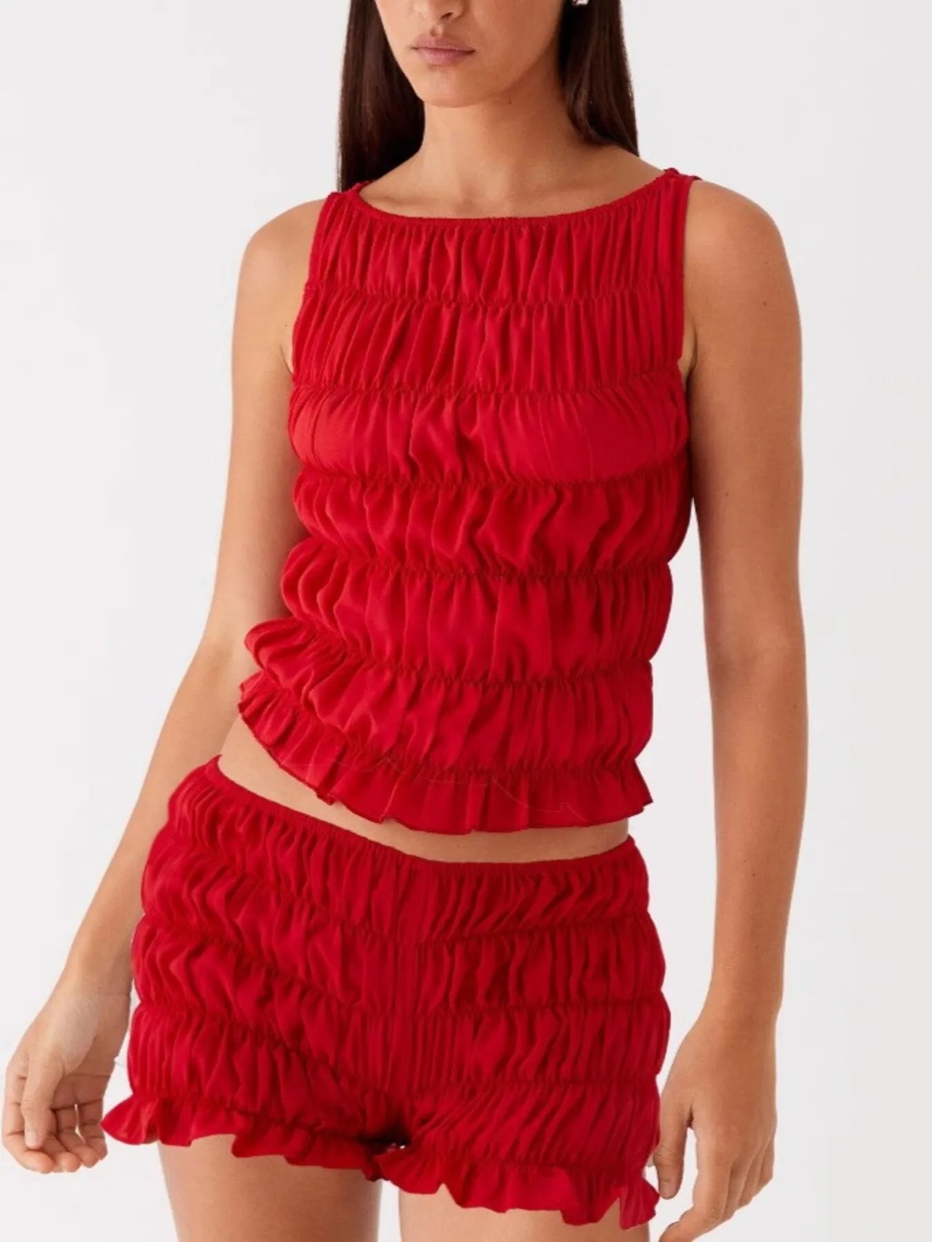 Ruched Texture Tank and Shorts Two-Piece Set OutfitFlow