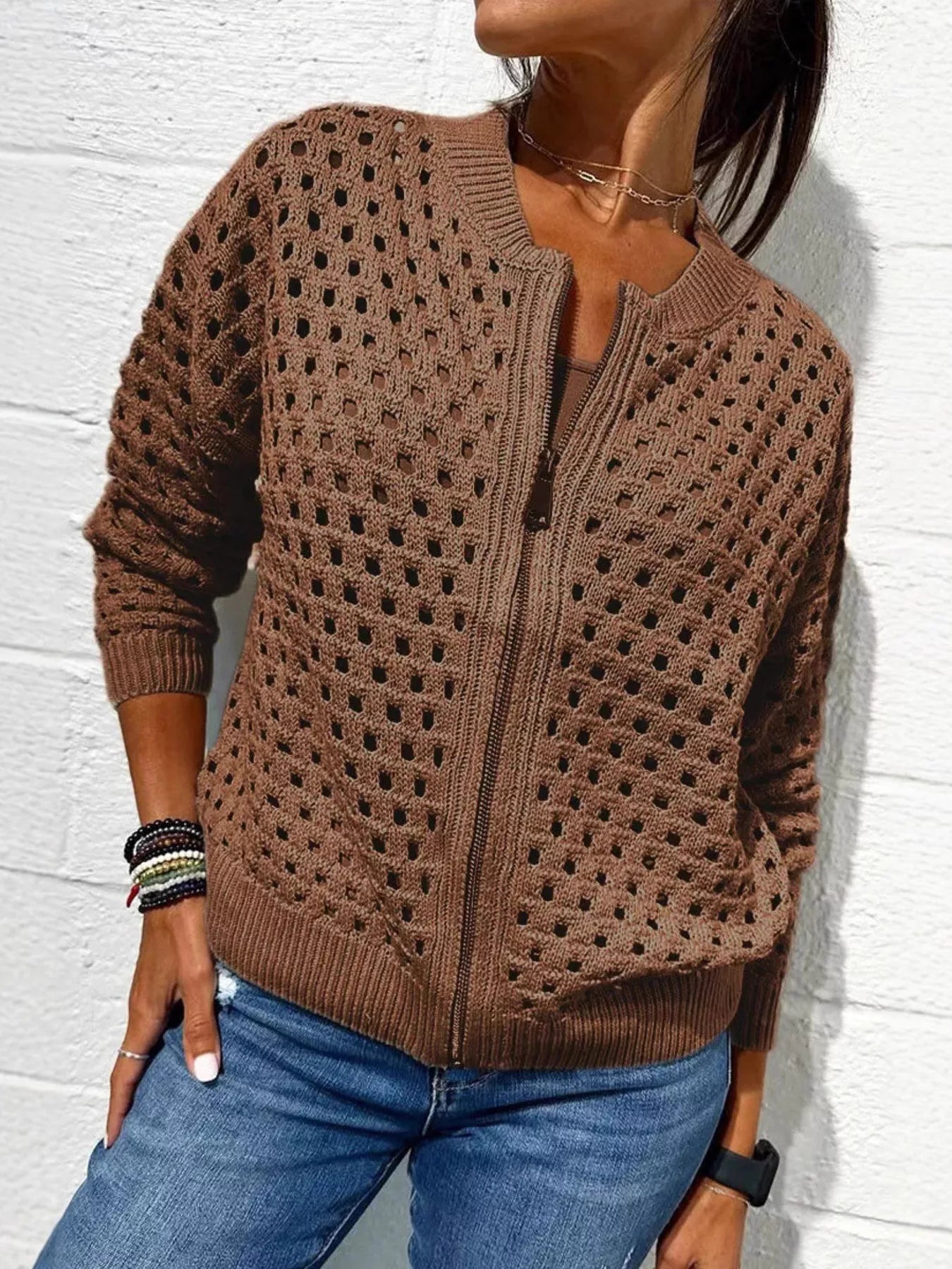Full Size Zip Up Long Sleeve Cardigan with Eyelet Detail Plus Size Dark Brown OutfitFlow