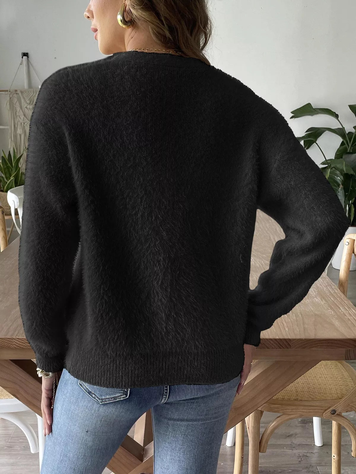 Fuzzy Knit V-Neck Cardigan OutfitFlow