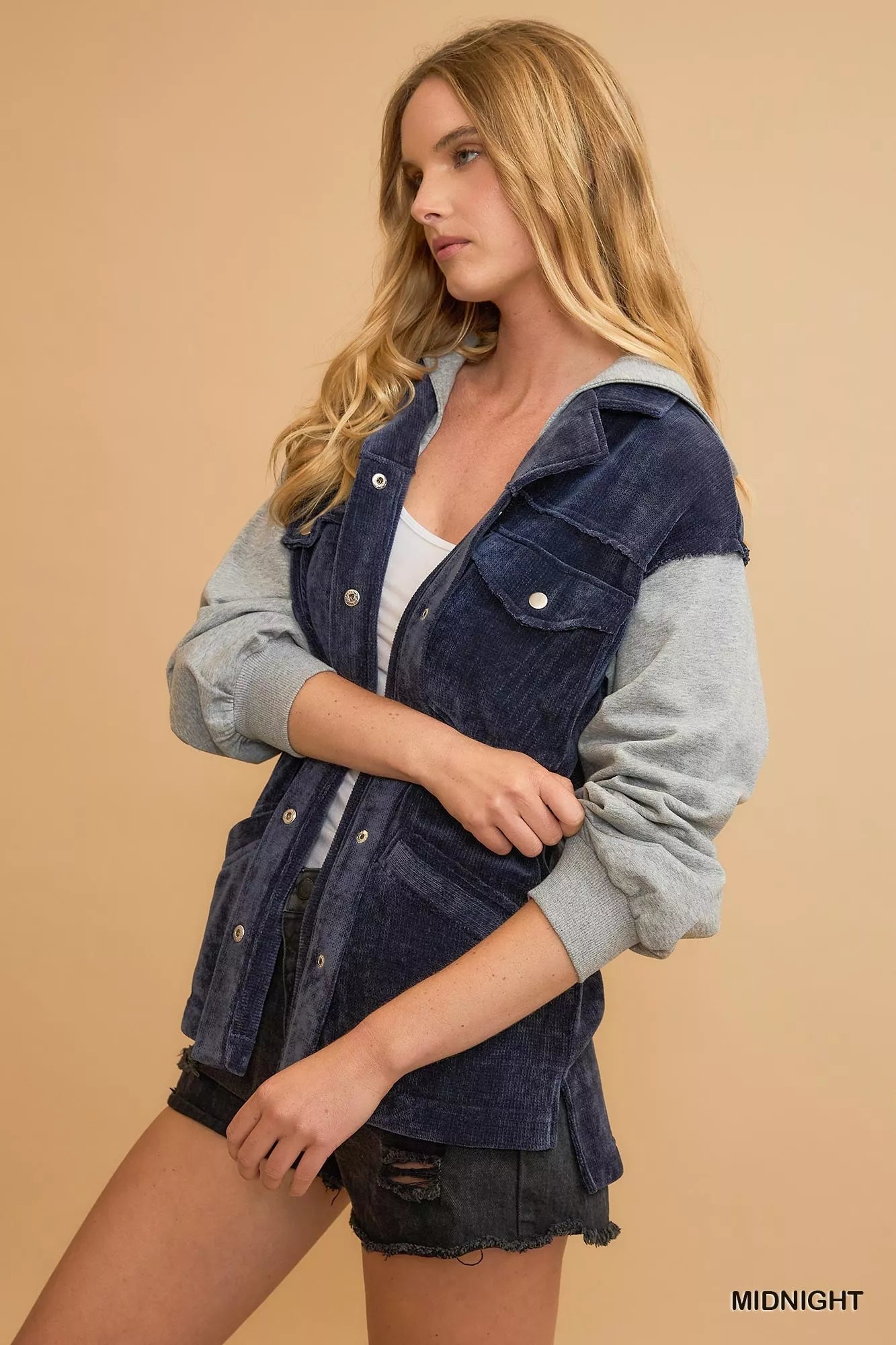 Umgee Contrast Hooded Chenille Jacket OutfitFlow