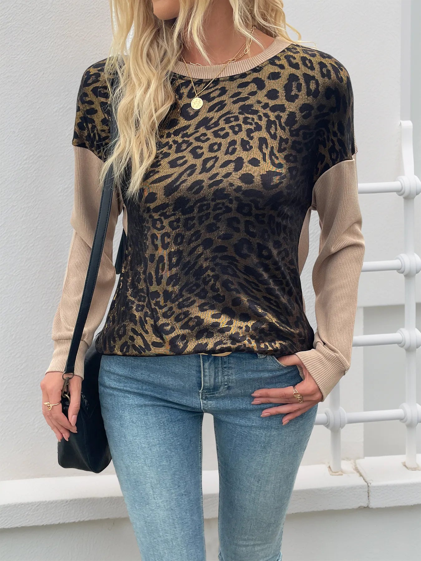 Leopard Round Neck Long Sleeve Sweatshirt OutfitFlow