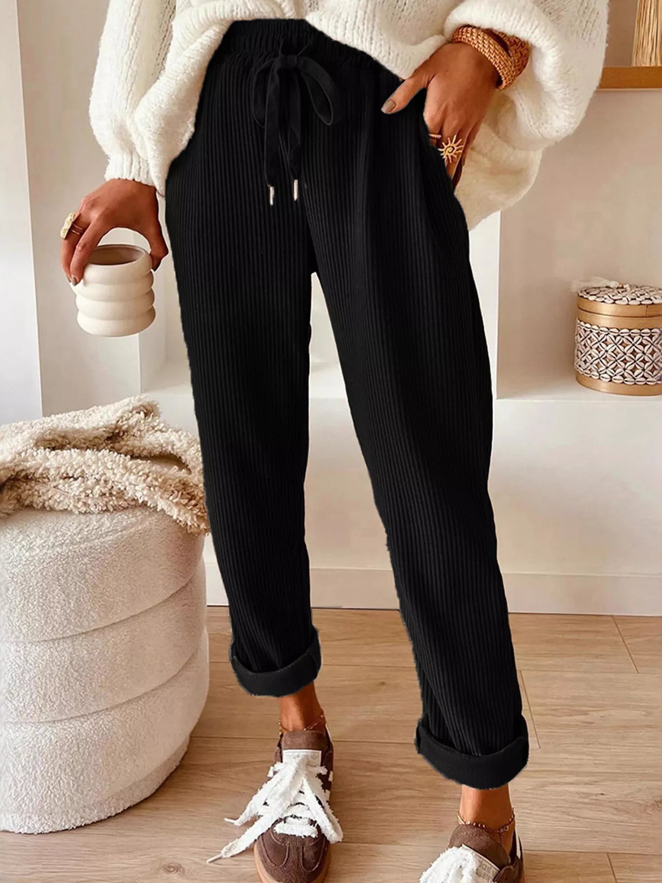 Casual Corduroy Drawstring Waist Pants Black OutfitFlow