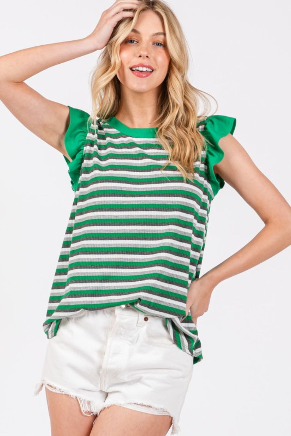 Ces Femme Striped Round Neck Ruffled Cap Sleeve Top