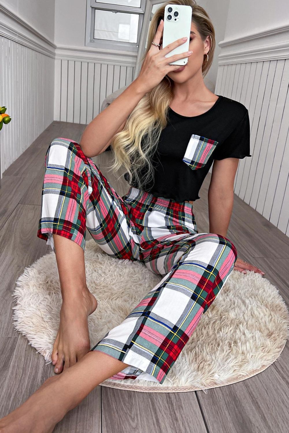 Outfit Flow - Lettuce Trim Cropped T-Shirt and Plaid Pants Lounge Set