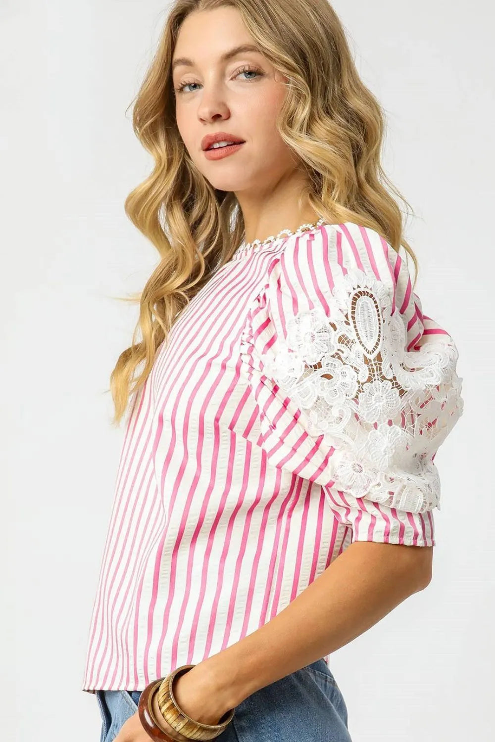 Umgee Striped Lace Puff Sleeve Blouse OutfitFlow