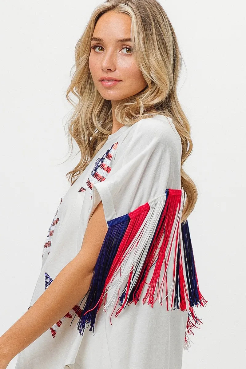 BiBi American Flag Sequin Star Fringe Top OutfitFlow