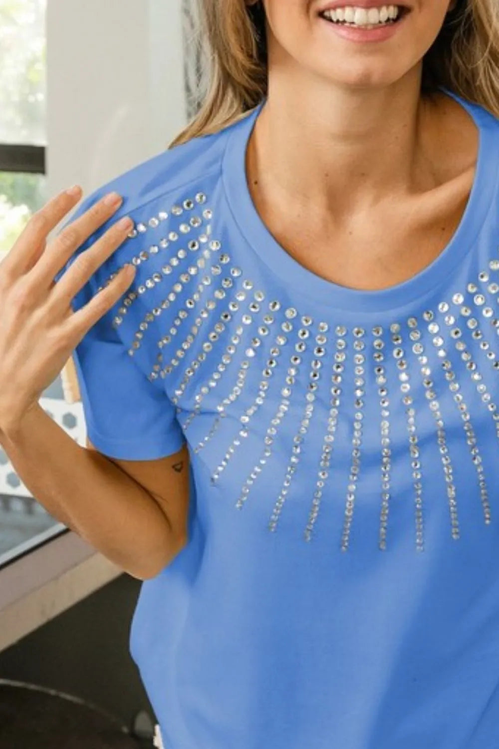 BiBi Rhinestone Beaded Short Sleeve Top OutfitFlow