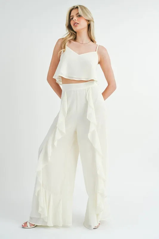 MABLE Crop Cami and Ruffled Wide Leg Pants Set OutfitFlow