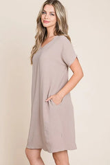 BOMBOM V-Neck Short Sleeve Dress with Pockets OutfitFlow