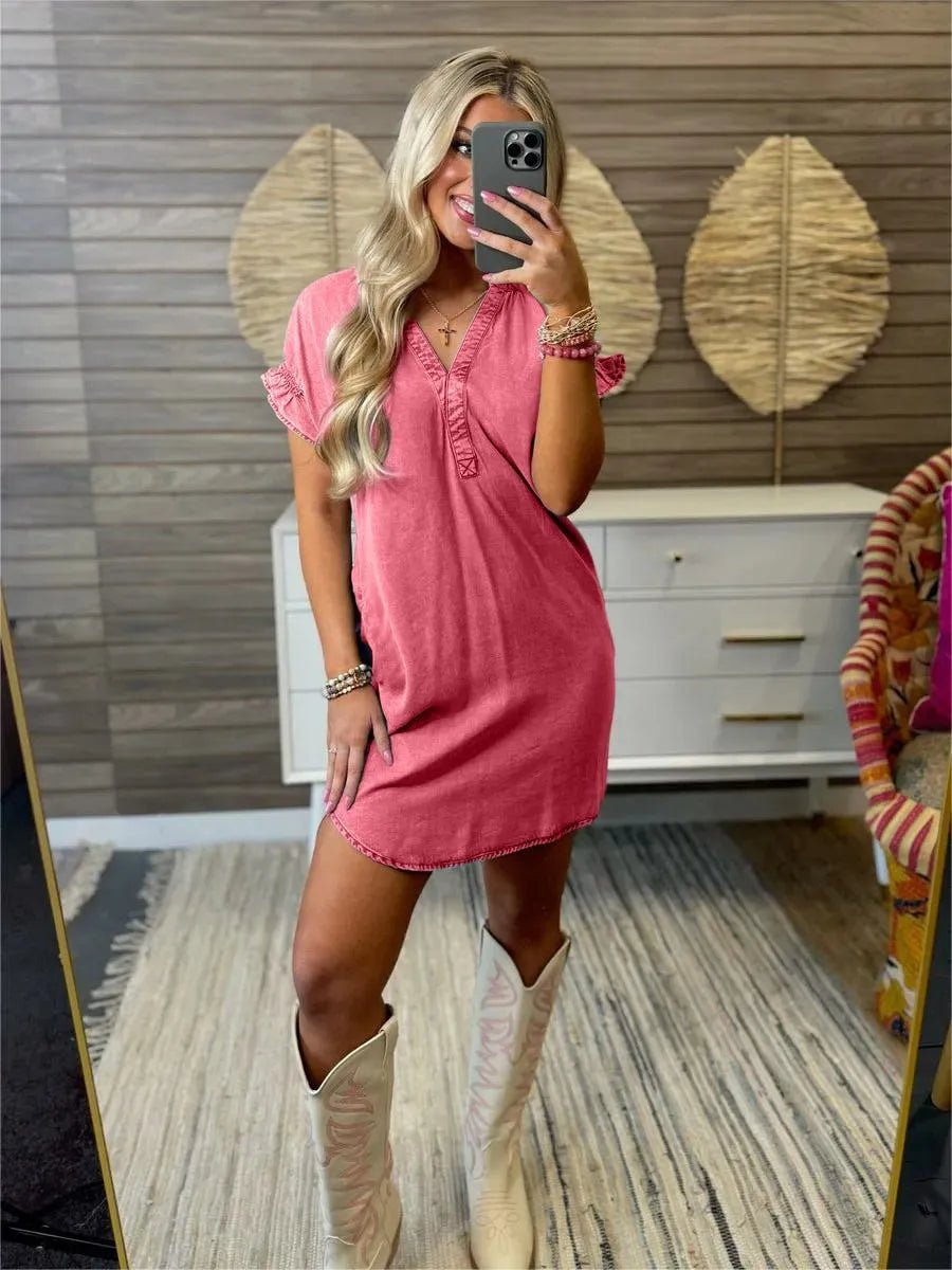 Full Size V-Neck Short Sleeve Denim Dress Plus Size Red OutfitFlow