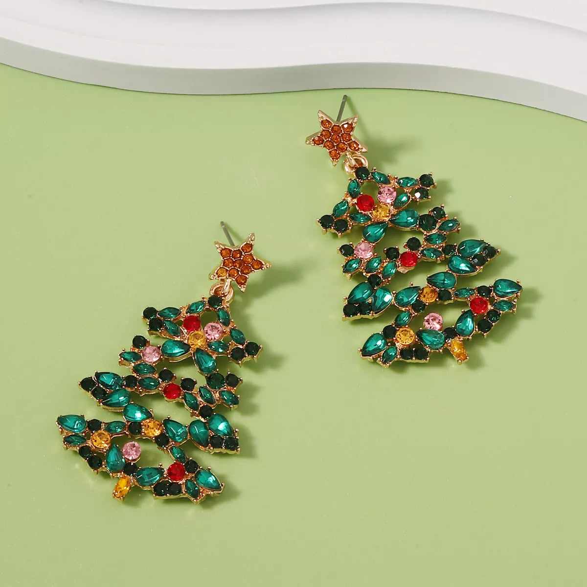 Christmas Tree Earrings with Rhinestones Dark Green onesize OutfitFlow