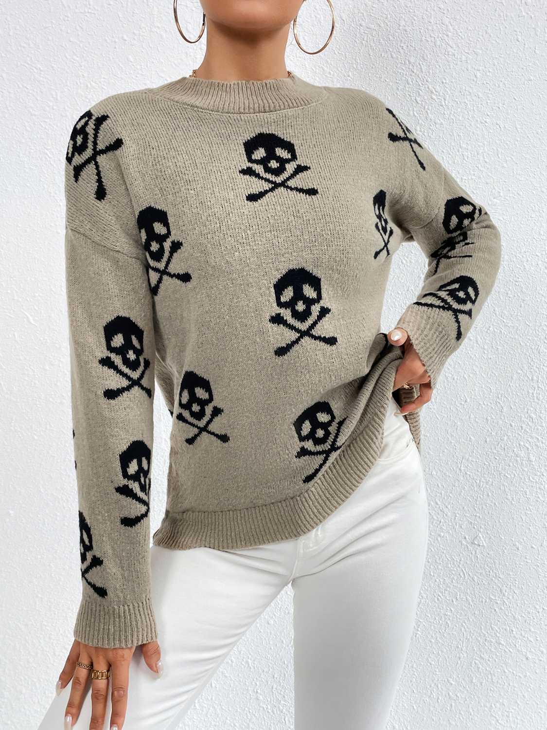 Patterned Drop Shoulder Sweater Khaki Trendsi