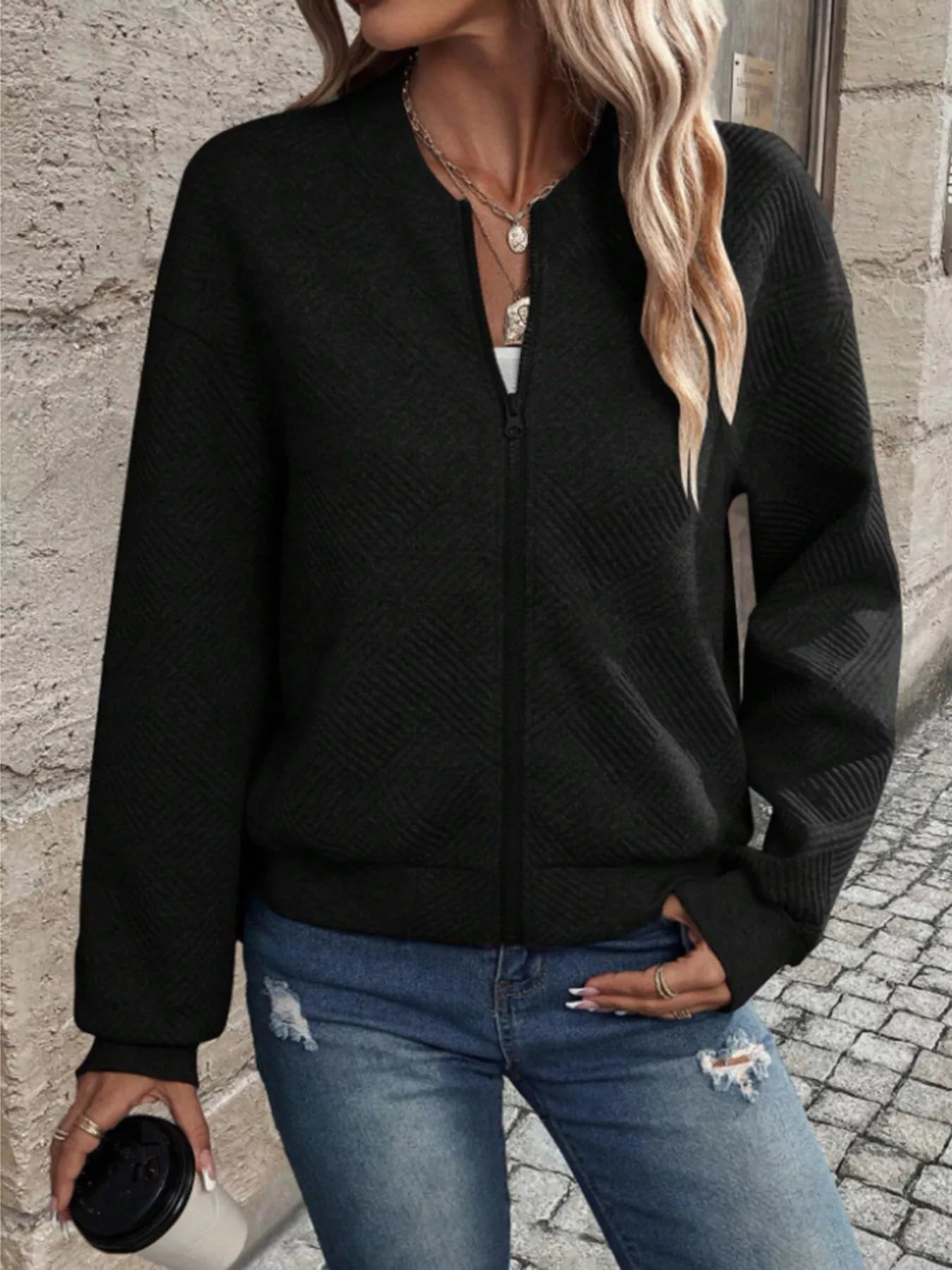 Textured Knit Zip-Up Bomber Jacket OutfitFlow