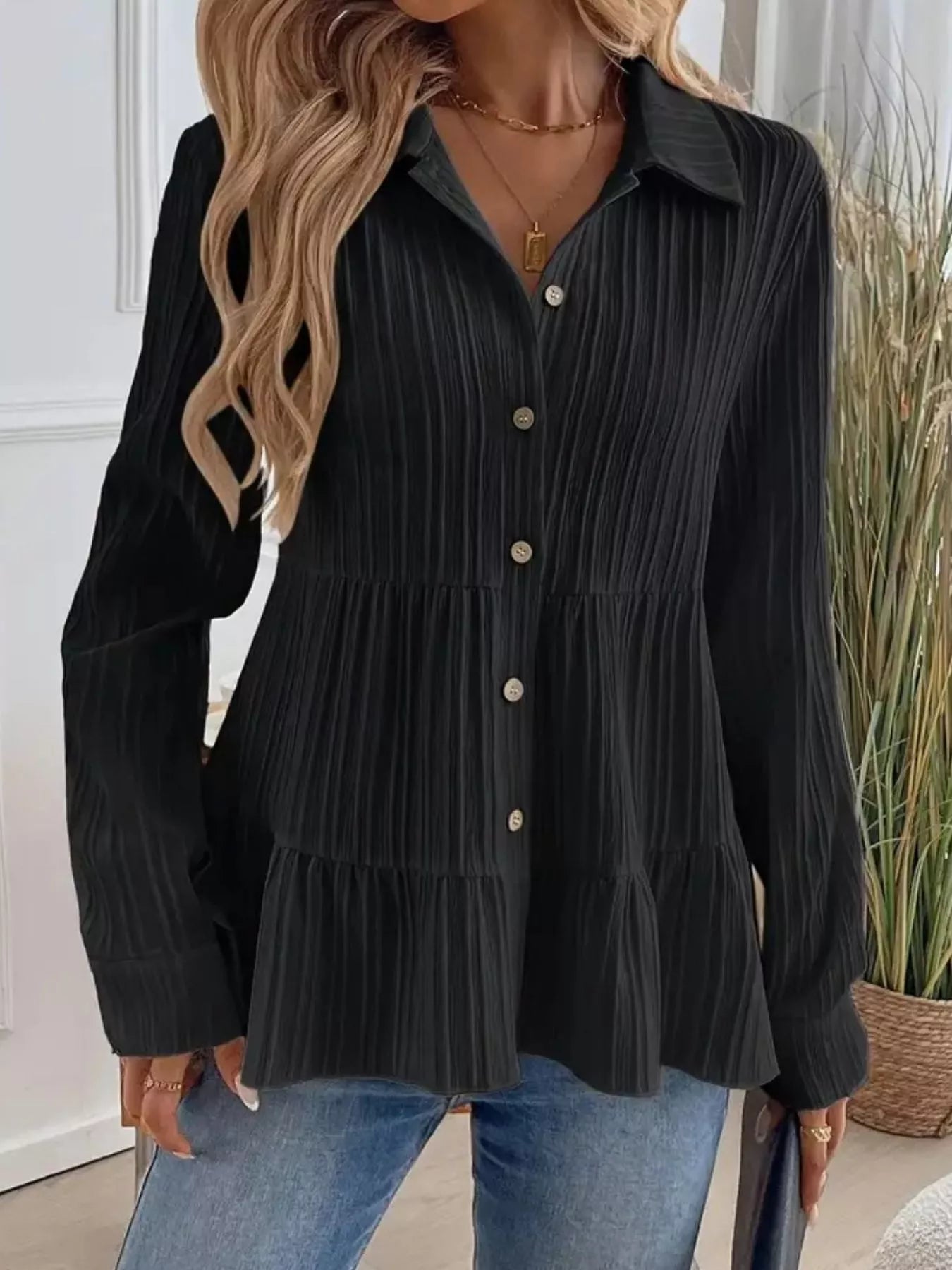 Button-Down Long Sleeve Tiered Shirt OutfitFlow