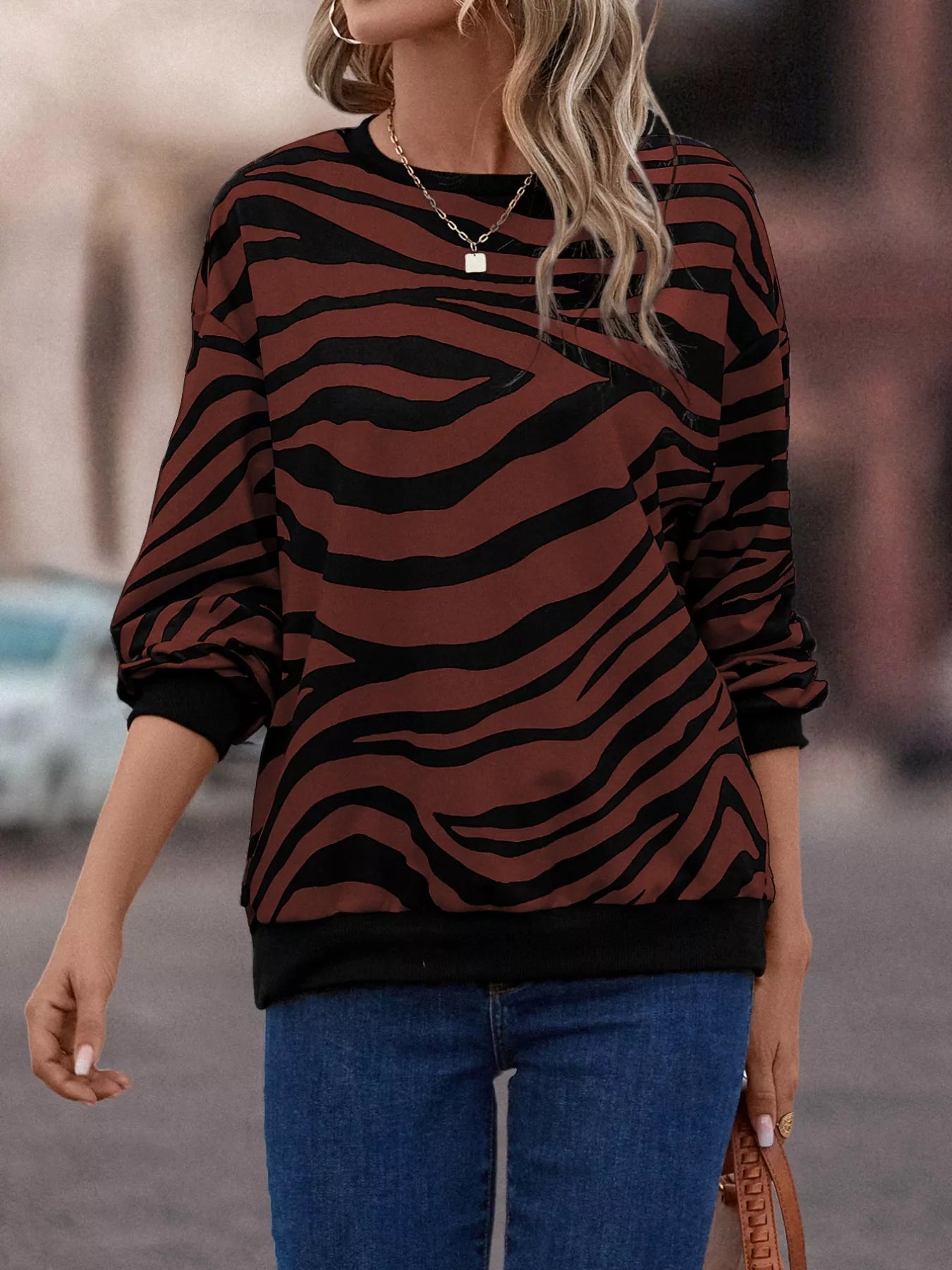 Zebra Print Round Neck Casual Sweatshirt OutfitFlow