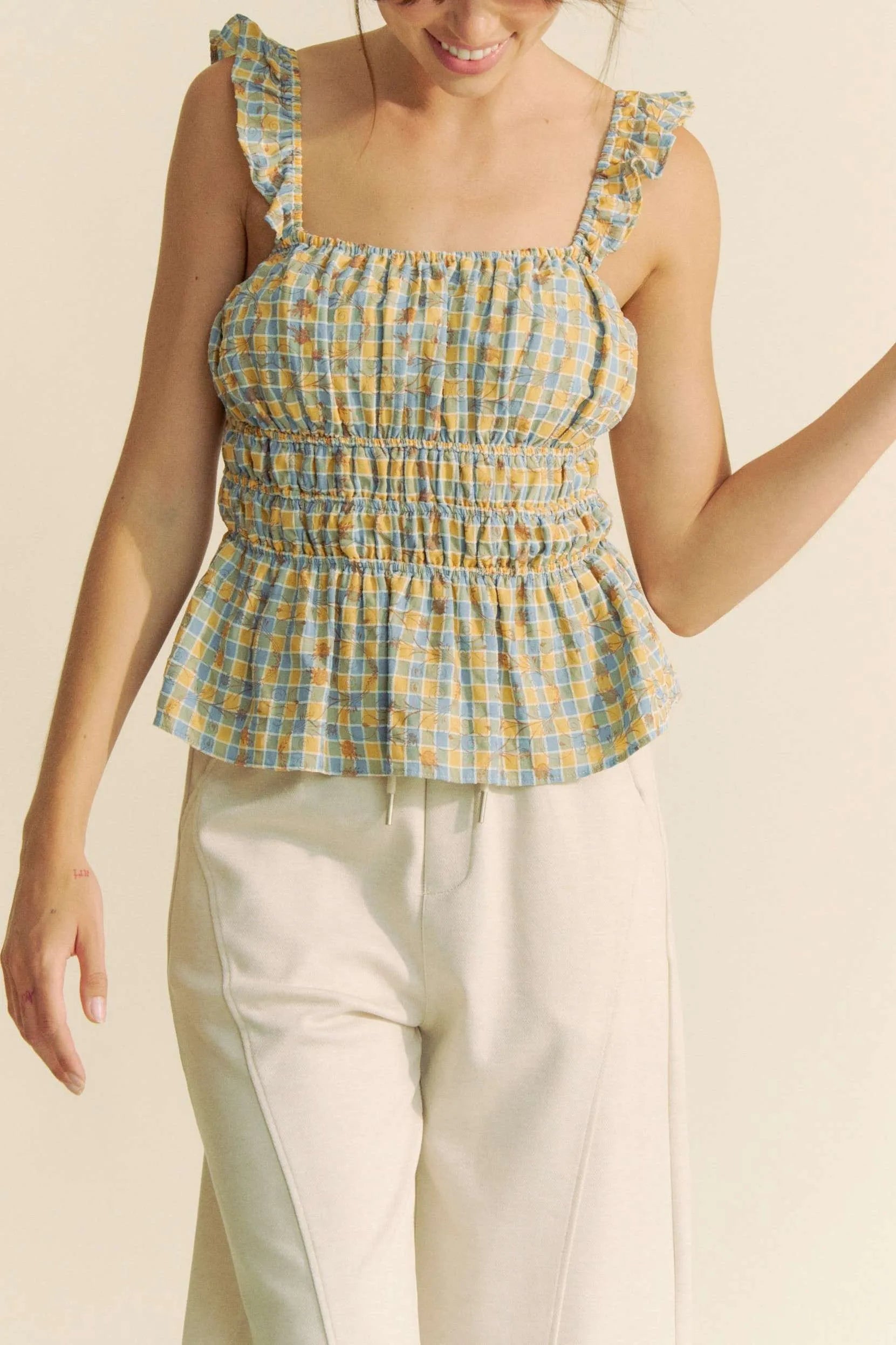 Davi & Dani Plaid Ruffled Strap Smocked Sleeveless Top OutfitFlow