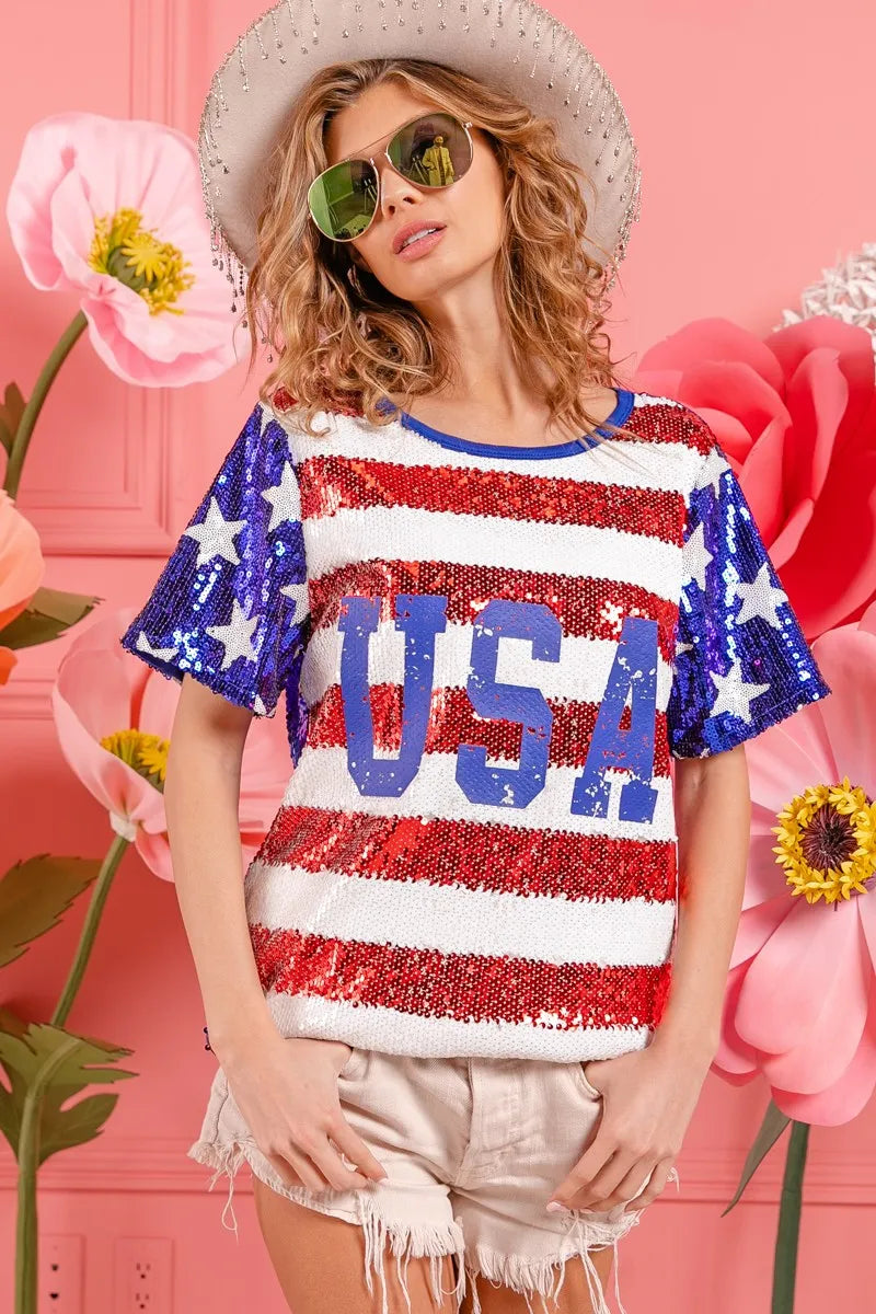 BiBi American Flag Theme USA Lettering Sequin Top OutfitFlow